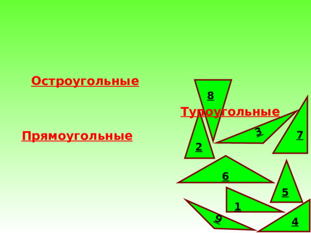 7 9 4 3 8 Остроугольные Тупоугольные 2 Прямоугольные 6 5 1 