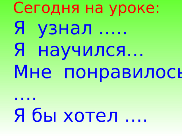 Сегодня на уроке: Я  узнал ….. Я  научился… Мне  понравилось …. Я бы хотел ….  