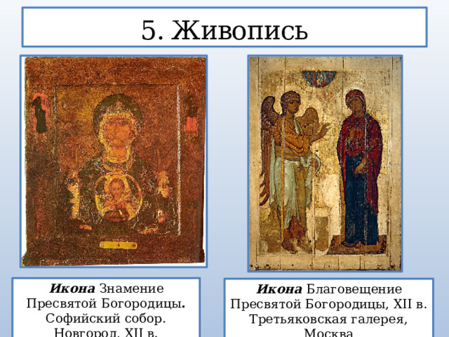 5. Живопись Икона Знамение Пресвятой Богородицы . Софийский собор. Новгород, XII в. Икона Благовещение Пресвятой Богородицы, XII в. Третьяковская галерея, Москва  