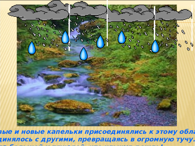 И все новые и новые капельки присоединялись к этому облаку, а  оно соединялось с другими, превращаясь в огромную тучу. Наконец туча стала большой и тяжелой, что хлынул дождь! 