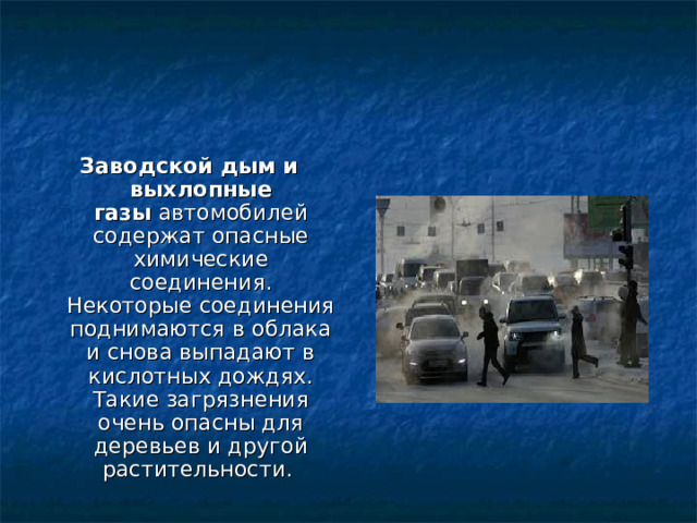 Заводской дым и выхлопные газы  автомобилей содержат опасные химические соединения. Некоторые соединения поднимаются в облака и снова выпадают в кислотных дождях. Такие загрязнения очень опасны для деревьев и другой растительности. 