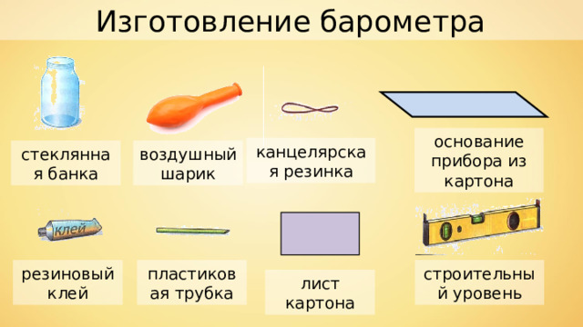 Изготовление барометра основание прибора из картона канцелярская резинка воздушный шарик стеклянная банка резиновый клей пластиковая трубка строительный уровень лист картона 