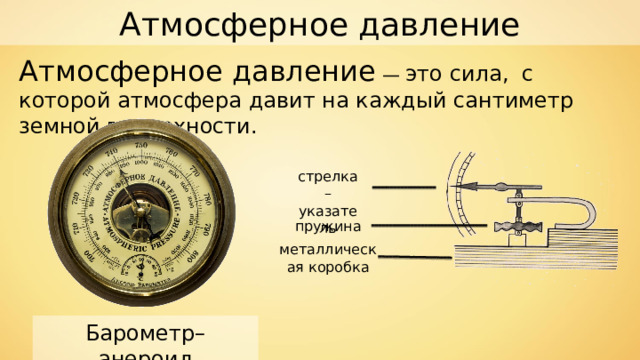 Атмосферное давление Атмосферное давление — это сила, с которой атмосфера давит на каждый сантиметр земной поверхности. стрелка–указатель пружина металлическая коробка Барометр–анероид 