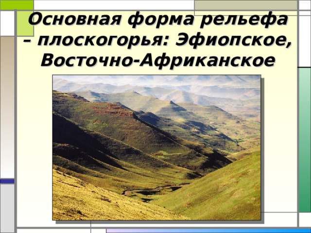 Основная форма рельефа – плоскогорья: Эфиопское, Восточно-Африканское 
