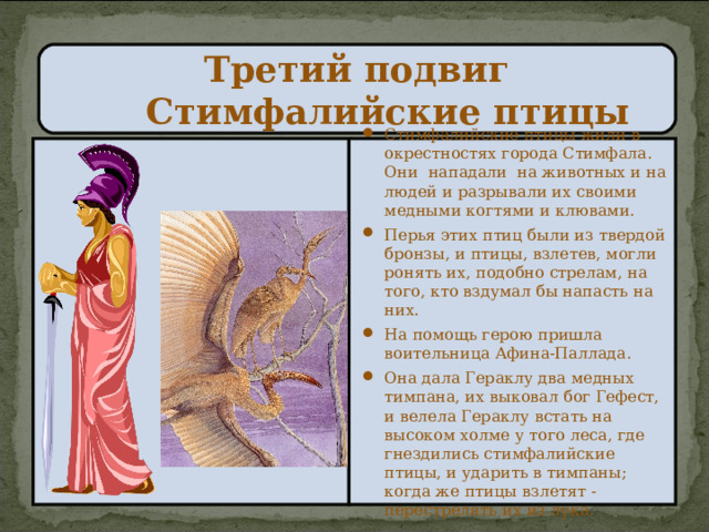 Третий подвиг  Стимфалийские птицы Стимфалийские птицы жили в окрестностях города Стимфала. Они нападали на животных и на людей и разрывали их своими медными когтями и клювами. Перья этих птиц были из твердой бронзы, и птицы, взлетев, могли ронять их, подобно стрелам, на того, кто вздумал бы напасть на них. На помощь герою пришла воительница Афина-Паллада. Она дала Гераклу два медных тимпана, их выковал бог Гефест, и велела Гераклу встать на высоком холме у того леса, где гнездились стимфалийские птицы, и ударить в тимпаны; когда же птицы взлетят - перестрелять их из лука. 