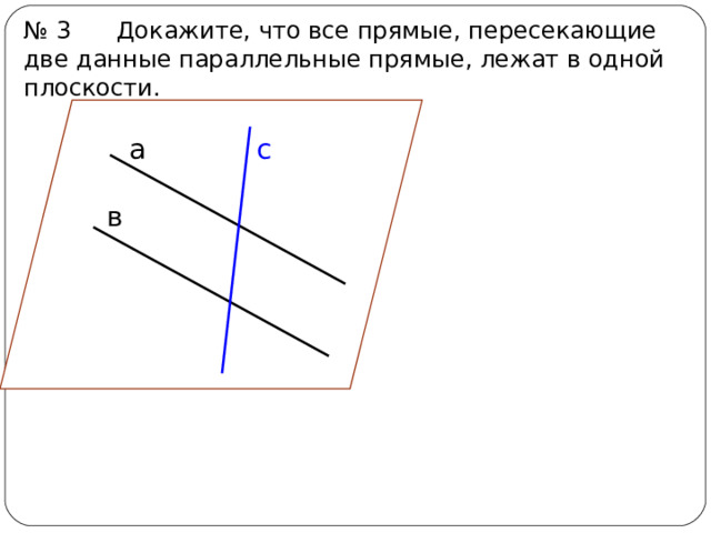 № 3 Докажите, что все прямые, пересекающие две данные параллельные прямые, лежат в одной плоскости. а с в 