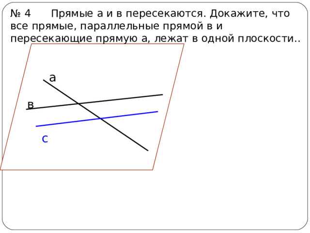 № 4 Прямые а и в пересекаются. Докажите, что все прямые, параллельные прямой в и пересекающие прямую а, лежат в одной плоскости.. а в с 