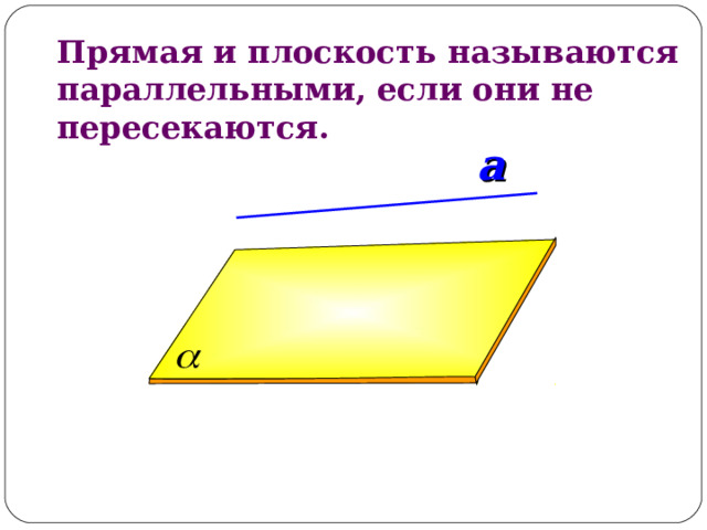 Прямая и плоскость называются параллельными, если они не пересекаются. a 13 
