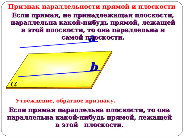 Признак параллельности прямой и плоскости Если прямая, не принадлежащая плоскости, параллельна какой-нибудь прямой, лежащей в этой плоскости, то она параллельна и самой плоскости. a b Утвеждение, обратное признаку. Если прямая параллельна плоскости, то она параллельна какой-нибудь прямой, лежащей в этой плоскости. 13 