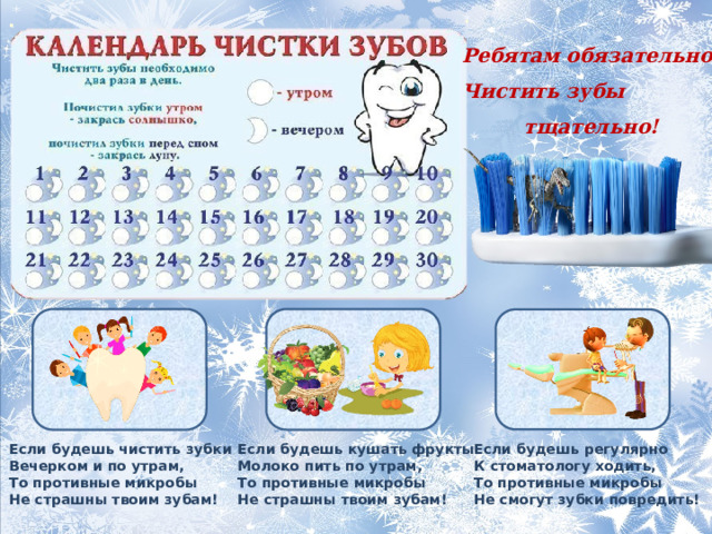 Ребятам обязательно Чистить зубы  тщательно! Если будешь кушать фрукты Если будешь регулярно Если будешь чистить зубки Вечерком и по утрам, Молоко пить по утрам, К стоматологу ходить, То противные микробы То противные микробы То противные микробы Не страшны твоим зубам! Не страшны твоим зубам! Не смогут зубки повредить! 