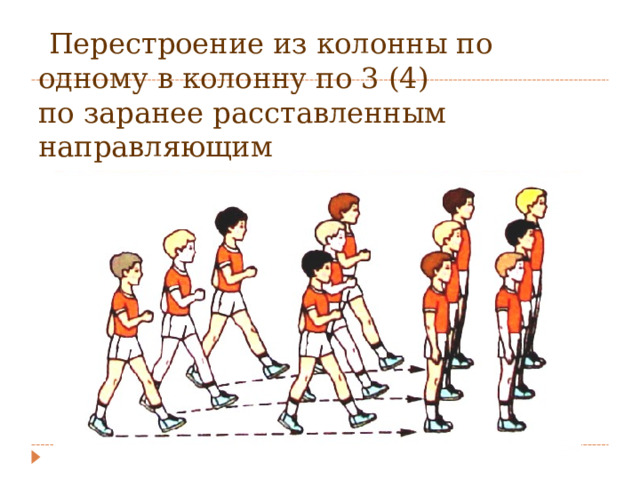  Перестроение из колонны по одному в колонну по 3 (4)  по заранее расставленным направляющим 