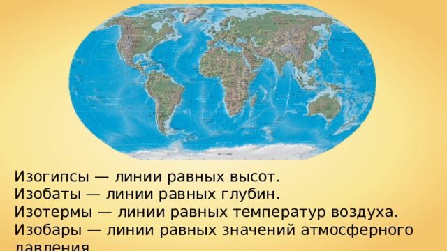 Изогипсы — линии равных высот. Изобаты — линии равных глубин. Изотермы — линии равных температур воздуха. Изобары — линии равных значений атмосферного давления. 