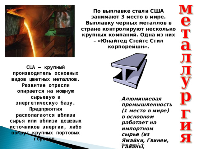По выплавке стали США занимают 3 место в мире. Выплавку черных металлов в стране контролируют несколько крупных компаний. Одна из них – «Юнайтед Стейтс Стил корпорейшн». США – крупный производитель основных видов цветных металлов. Развитие отрасли опирается на мощную сырьевую и энергетическую базу. Предприятия располагаются вблизи сырья или вблизи дешевых источников энергии, либо вокруг крупных портовых городов. Алюминиевая промышленность (1 место в мире) в основном работает на импортном сырье (из Ямайки, Гвинеи, Гайаны, Бразилии). Кузнецова Е. Ф. 