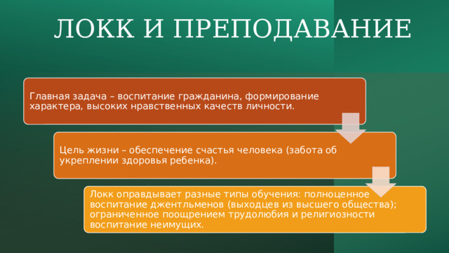 ЛОКК И ПРЕПОДАВАНИЕ Главная задача – воспитание гражданина, формирование характера, высоких нравственных качеств личности. Цель жизни – обеспечение счастья человека (забота об укреплении здоровья ребенка). Локк оправдывает разные типы обучения: полноценное воспитание джентльменов (выходцев из высшего общества); ограниченное поощрением трудолюбия и религиозности воспитание неимущих. 