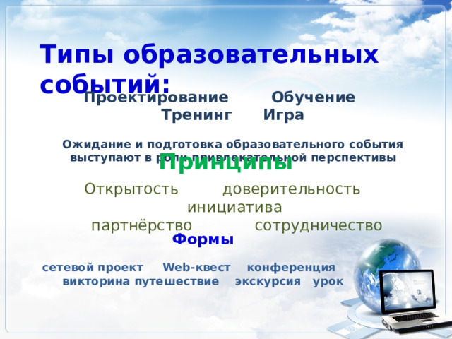 Типы образовательных событий: Проектирование Обучение Тренинг Игра  Ожидание и подготовка образовательного события выступают в роли привлекательной перспективы Принципы Открытость доверительность инициатива  партнёрство сотрудничество   Формы сетевой проект Web-квест конференция викторина путешествие экскурсия урок 