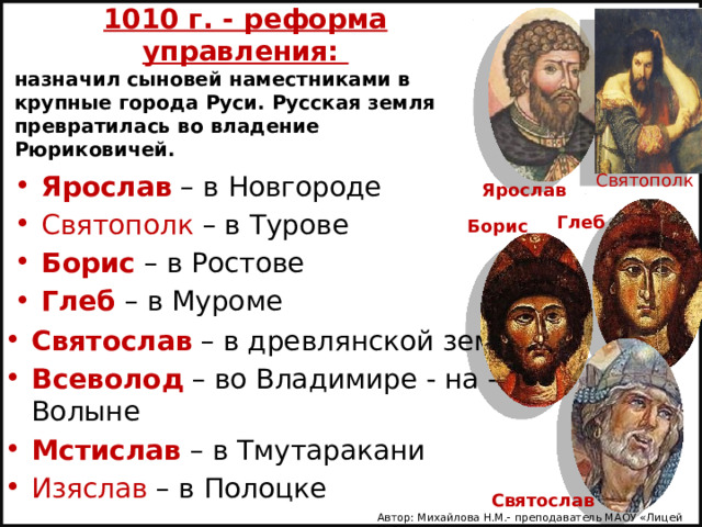 1010 г. - реформа управления: назначил сыновей наместниками в крупные города Руси. Русская земля превратилась во владение Рюриковичей. Святополк Ярослав  – в Новгороде Святополк – в Турове Борис  – в Ростове Глеб – в Муроме Ярослав Ярослав Глеб Борис Святослав – в древлянской земле Всеволод  – во Владимире - на -Волыне Мстислав  – в Тмутаракани Изяслав – в Полоцке Борис и Глеб Святослав Автор: Михайлова Н.М.- преподаватель МАОУ «Лицей № 21» 
