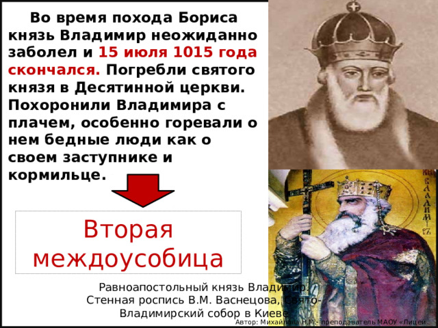 Во время похода Бориса князь Владимир неожиданно заболел и 15 июля 1015 года скончался. Погребли святого князя в Десятинной церкви. Похоронили Владимира с плачем, особенно горевали о нем бедные люди как о своем заступнике и кормильце. Вторая междоусобица Равноапостольный князь Владимир. Стенная роспись В.М. Васнецова, Свято-Владимирский собор в Киеве Автор: Михайлова Н.М.- преподаватель МАОУ «Лицей № 21» 