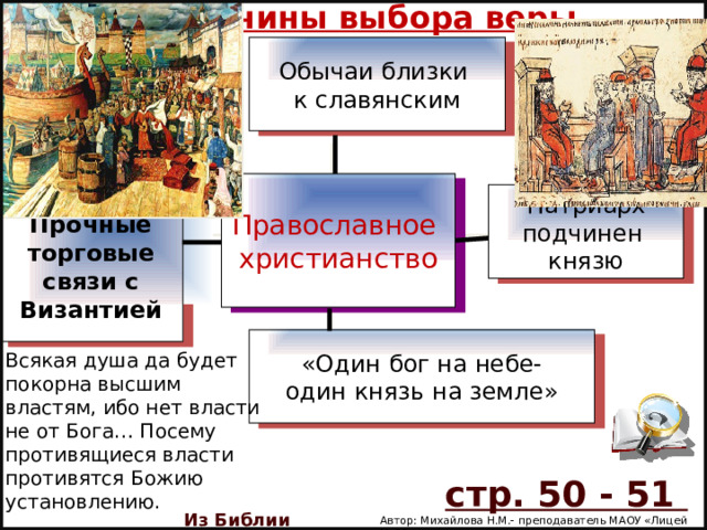 Причины выбора веры Обычаи близки к славянским Православное христианство Патриарх подчинен князю Прочные торговые связи с Византией «Один бог на небе- один князь на земле» Всякая душа да будет покорна высшим властям, ибо нет власти не от Бога… Посему противящиеся власти противятся Божию установлению. стр. 50 - 51 Из Библии  Автор: Михайлова Н.М.- преподаватель МАОУ «Лицей № 21» 