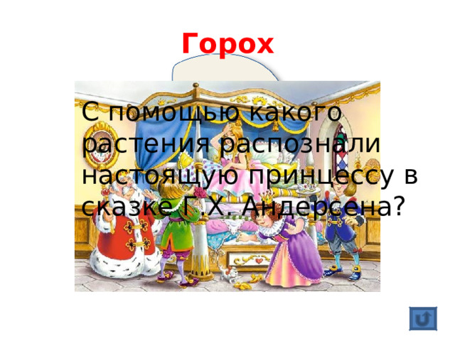 Горох С помощью какого растения распознали настоящую принцессу в сказке Г.Х. Андерсена? 