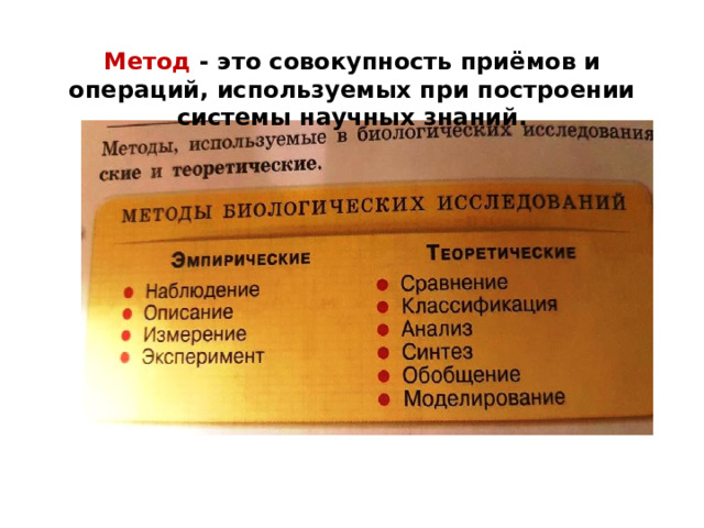 Метод - это совокупность приёмов и операций, используемых при построении системы научных знаний. 