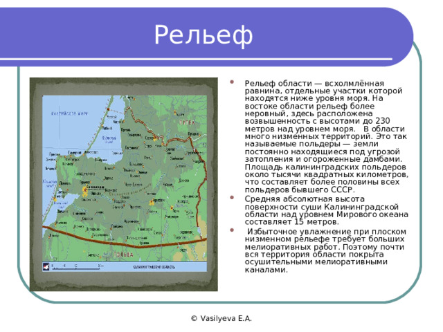 Рельеф Рельеф области — всхолмлённая равнина, отдельные участки которой находятся ниже уровня моря. На востоке области рельеф более неровный, здесь расположена возвышенность с высотами до 230 метров над уровнем моря. В области много низменных территорий. Это так называемые польдеры — земли постоянно находящиеся под угрозой затопления и огороженные дамбами. Площадь калининградских польдеров около тысячи квадратных километров, что составляет более половины всех польдеров бывшего СССР. Средняя абсолютная высота поверхности суши Калининградской области над уровнем Мирового океана составляет 15 метров.  Избыточное увлажнение при плоском низменном рельефе требует больших мелиоративных работ. Поэтому почти вся территория области покрыта осушительными мелиоративными каналами. © Vasilyeva E.A. 