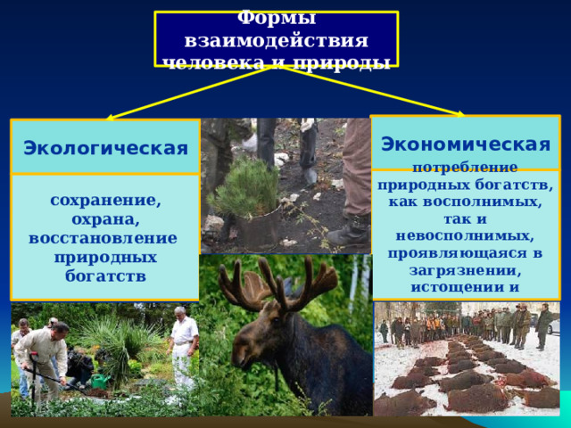 Формы взаимодействия человека и природы Экономическая Экологическая потребление природных богатств, как восполнимых, так и невосполнимых, проявляющаяся в загрязнении, истощении и разрушении сохранение, охрана, восстановление природных богатств  