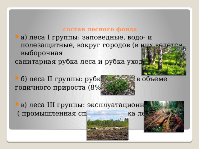    состав лесного фонда   а) леса I группы: заповедные, водо- и полезащитные, вокруг городов (в них ведется выборочная санитарная рубка леса и рубка ухода); (22%) б) леса II группы: рубка ведется в объеме годичного прироста (8%); в) леса III группы: эксплуатационные  ( промышленная сплошная рубка леса)(70%). 