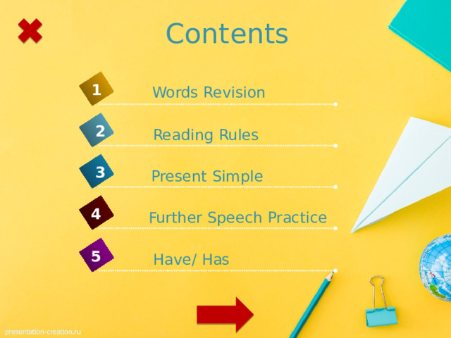 Contents 1 Words Revision 2 Reading Rules 3 Present Simple 4 Further Speech Practice 5 Have/ Has 
