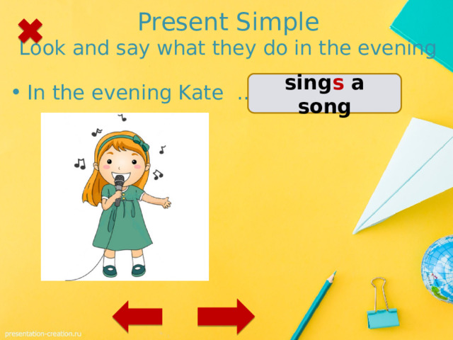 Present Simple  Look and say what they do in the evening sing s a song In the evening Kate …. 1 