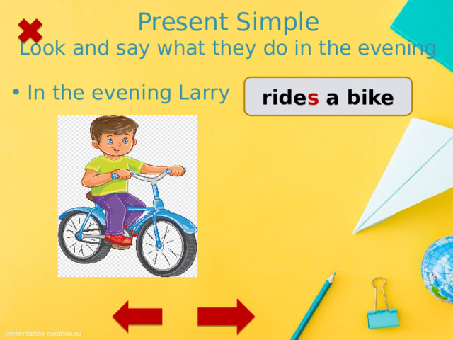 Present Simple  Look and say what they do in the evening ride s a bike In the evening Larry …. 1 