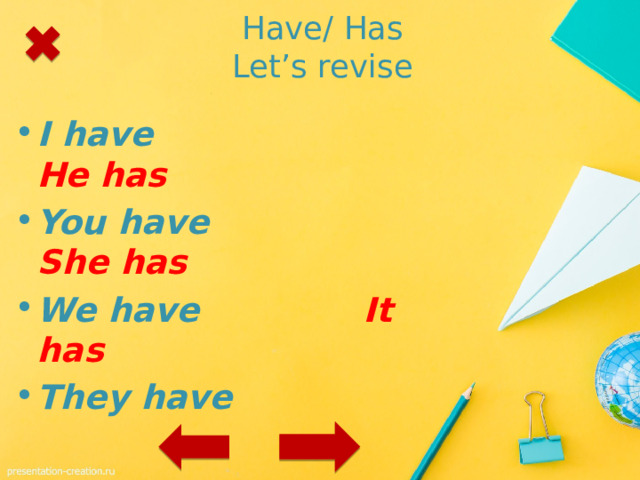 Have/ Has  Let’s revise I have He has You have She has We have It has They have 