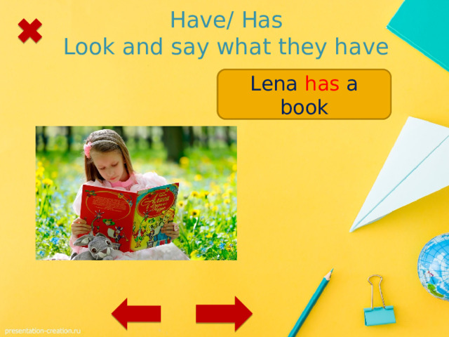 Have/ Has  Look and say what they have Lena / a book Lena has a book 