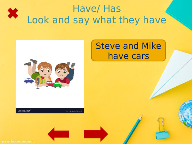 Have/ Has  Look and say what they have Steve and Mike / cars Steve and Mike have cars 