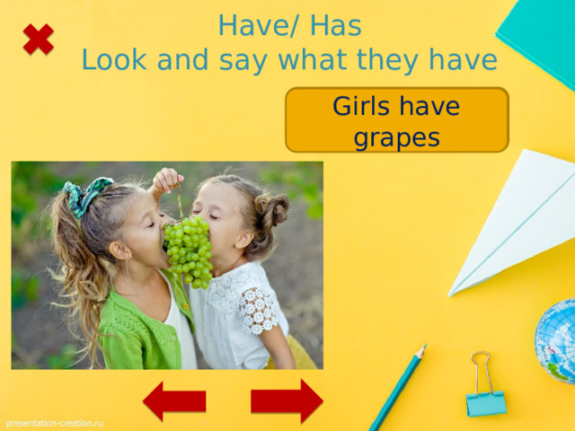 Have/ Has  Look and say what they have Girls / grapes Girls have grapes 