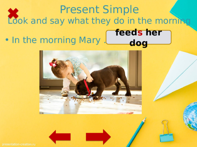 Present Simple  Look and say what they do in the morning feed s her dog In the morning Mary …. 1 