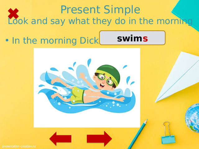 Present Simple  Look and say what they do in the morning swim s In the morning Dick …. 1 