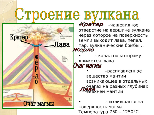 – чашевидное отверстие на вершине вулкана через которое на поверхность земли выходит лава, пепел, пар, вулканические бомбы…  – канал по которому движется лава  – расплавленное вещество мантии возникающее в отдельных очагах на разных глубинах верхней мантии – расплавленное вещество мантии возникающее в отдельных очагах на разных глубинах верхней мантии  – излившаяся на поверхность магма. Температура 750 – 1250 ° С. Скорость течения 300 – 500 метров в час.  