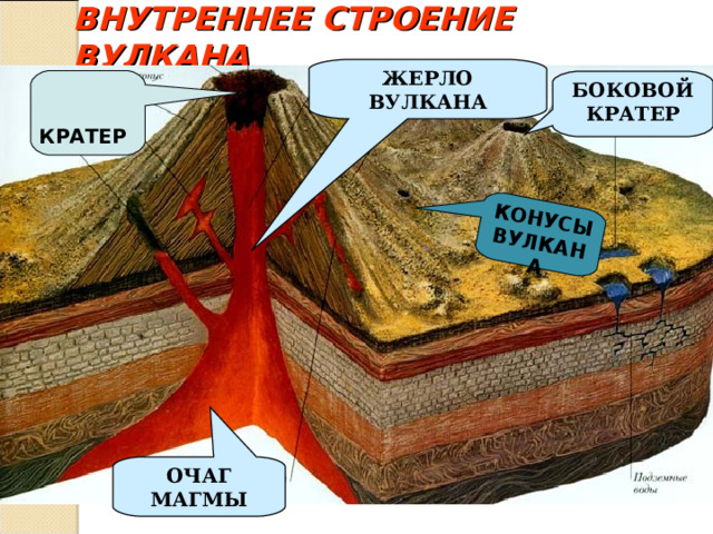  КРАТЕР  КОНУСЫ ВУЛКАНА ВНУТРЕННЕЕ СТРОЕНИЕ ВУЛКАНА ЖЕРЛО ВУЛКАНА БОКОВОЙ КРАТЕР ОЧАГ МАГМЫ 