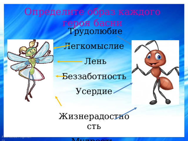 Определите образ каждого героя басни  Трудолюбие  Легкомыслие  Лень  Беззаботность Усердие  Жизнерадостность Мудрость 