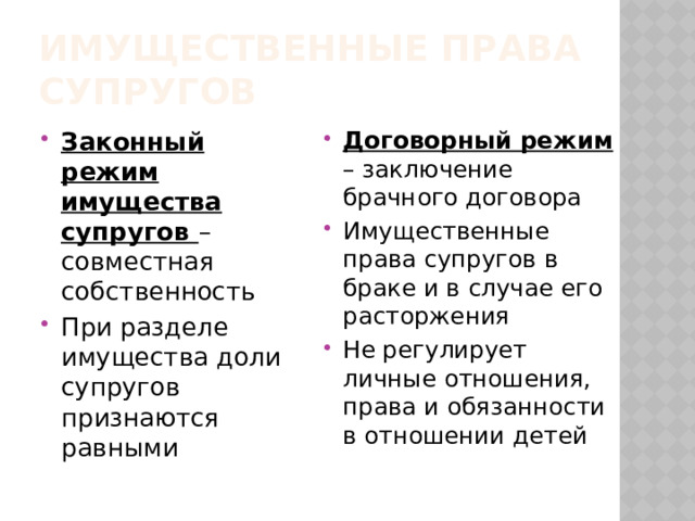 Имущественные права супругов Законный режим имущества супругов – совместная собственность При разделе имущества доли супругов признаются равными Договорный режим – заключение брачного договора Имущественные права супругов в браке и в случае его расторжения Не регулирует личные отношения, права и обязанности в отношении детей 