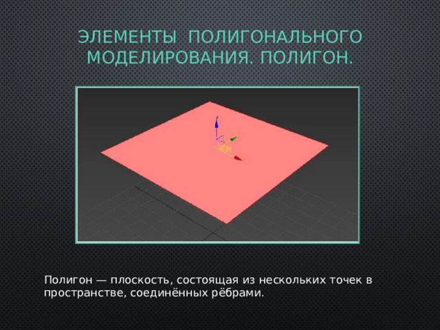 Элементы Полигонального моделирования. Полигон. Полигон — плоскость, состоящая из нескольких точек в пространстве, соединённых рёбрами. 