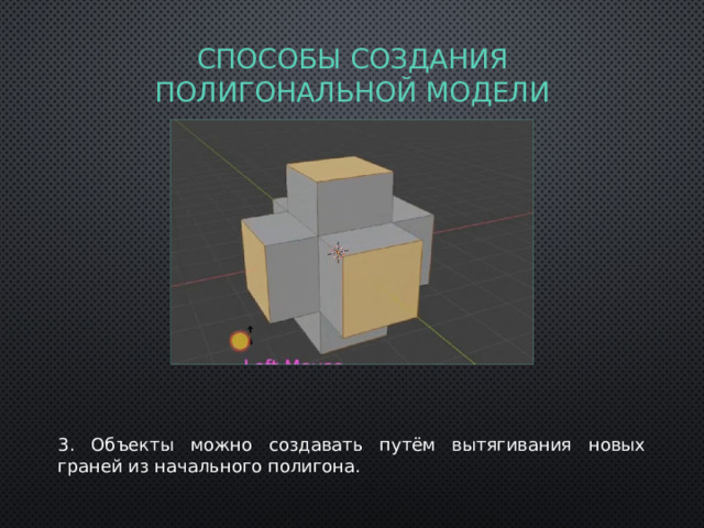 Способы создания полигональной модели 3. Объекты можно создавать путём вытягивания новых граней из начального полигона. 