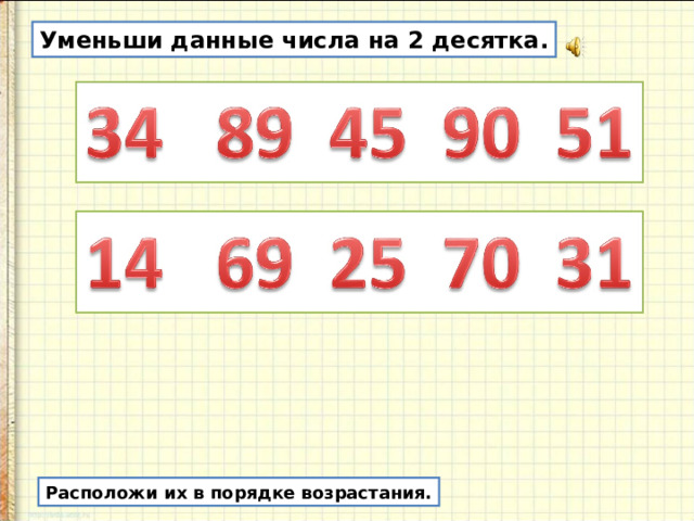 Уменьши данные числа на 2 десятка. Расположи их в порядке возрастания. 