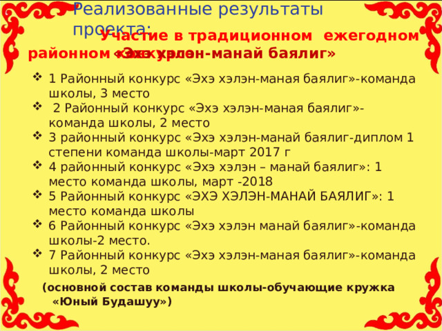 Реализованные результаты проекта:    Участие в традиционном ежегодном районном конкурсе   «Эхэ хэлэн-манай баялиг» 1 Районный конкурс «Эхэ хэлэн-маная баялиг»-команда школы, 3 место   2 Районный конкурс «Эхэ хэлэн-маная баялиг»-команда школы, 2 место 3 районный конкурс «Эхэ хэлэн-манай баялиг-диплом 1 степени команда школы-март 2017 г 4 районный конкурс «Эхэ хэлэн – манай баялиг»: 1 место команда школы, март -2018 5 Районный конкурс «ЭХЭ ХЭЛЭН-МАНАЙ БАЯЛИГ»: 1 место команда школы 6 Районный конкурс «Эхэ хэлэн манай баялиг»-команда школы-2 место. 7 Районный конкурс «Эхэ хэлэн-маная баялиг»-команда школы, 2 место    (основной состав команды школы-обучающие кружка «Юный Будашуу»)  11 
