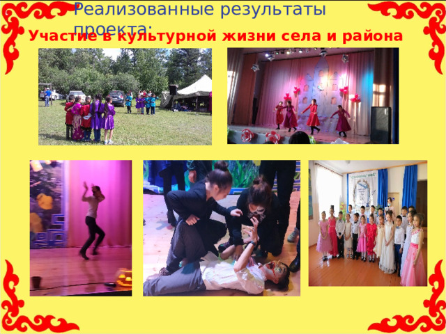 Реализованные результаты проекта:   Участие в культурной жизни села и района   11 