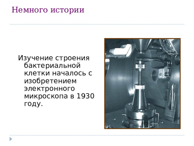 Немного истории   Изучение строения бактериальной клетки началось с изобретением электронного микроскопа в 1930 году. 