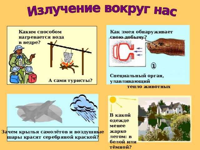 Каким способом нагревается вода в ведре? Как змея обнаруживает свою добычу? 1 Специальный орган, улавливающий тепло животных А сами туристы? В какой одежде менее жарко летом: в белой или тёмной? Зачем крылья самолётов и воздушные шары красят серебряной краской? 