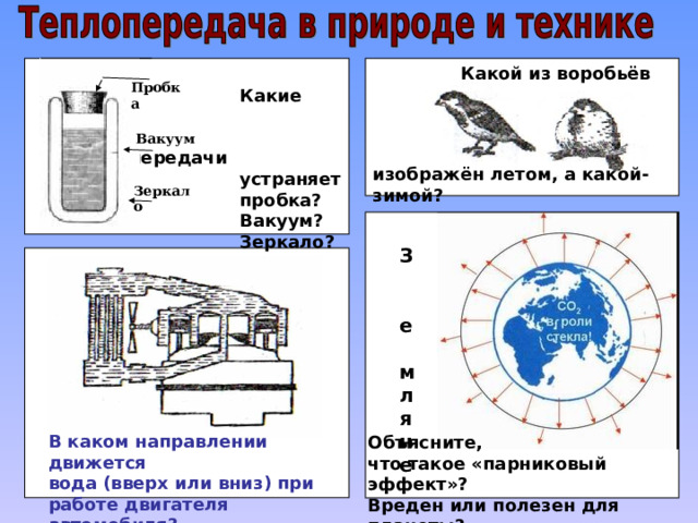 Какой из воробьёв Пробка  Какие виды  теплопередачи  устраняет  пробка?  Вакуум?  Зеркало? Вакуум изображён летом, а какой- зимой? Зеркало З е мляне В каком направлении движется вода (вверх или вниз) при работе двигателя автомобиля? Объясните, что такое «парниковый эффект»? Вреден или полезен для планеты? 
