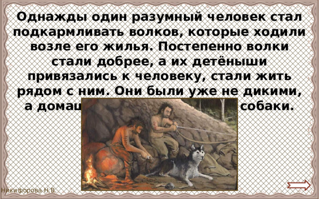 Однажды один разумный человек стал подкармливать волков, которые ходили возле его жилья. Постепенно волки стали добрее, а их детёныши привязались к человеку, стали жить рядом с ним. Они были уже не дикими, а домашними. Так появились собаки. 