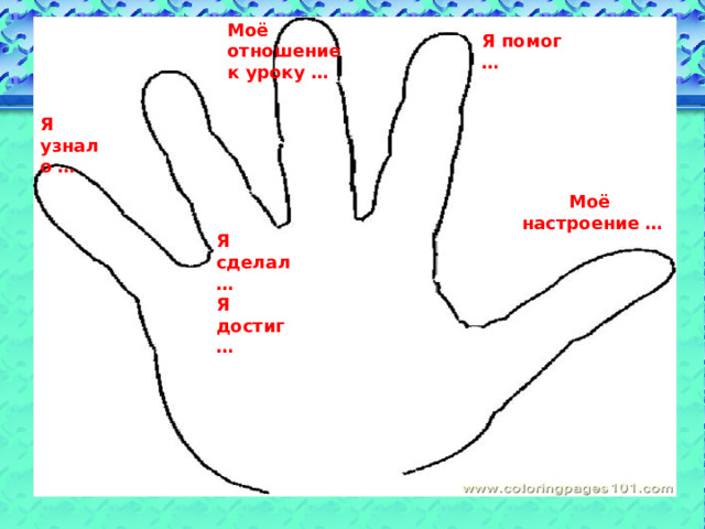 Моё отношение к уроку … Я помог … Я узнал о … Моё настроение … Я сделал … Я достиг …  